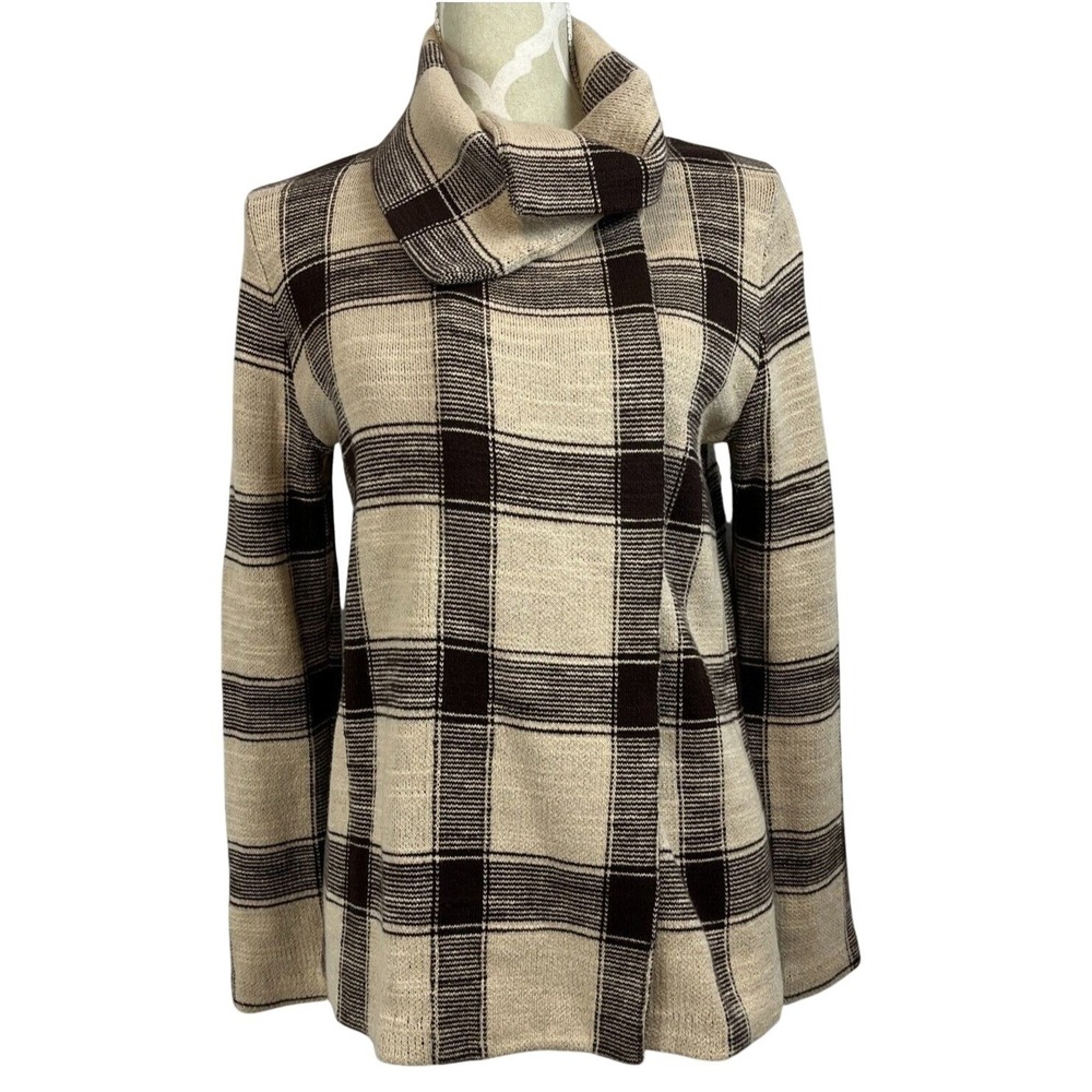 Ralph Lauren Plaid Cowl Neck‎ Wrap Cardigan Sweater Brown Beige Small Equestrian